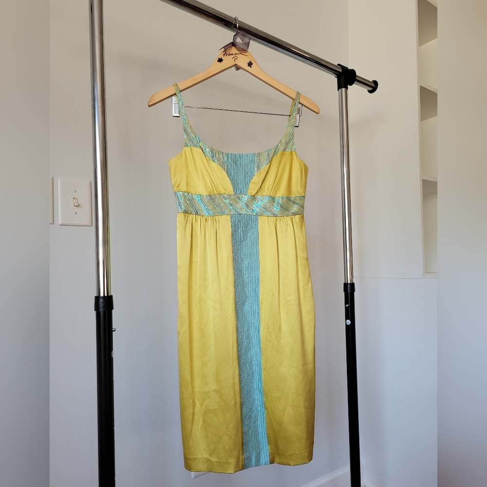 Nicole Miller Yellow and Turquoise Colorblock Midi Dress